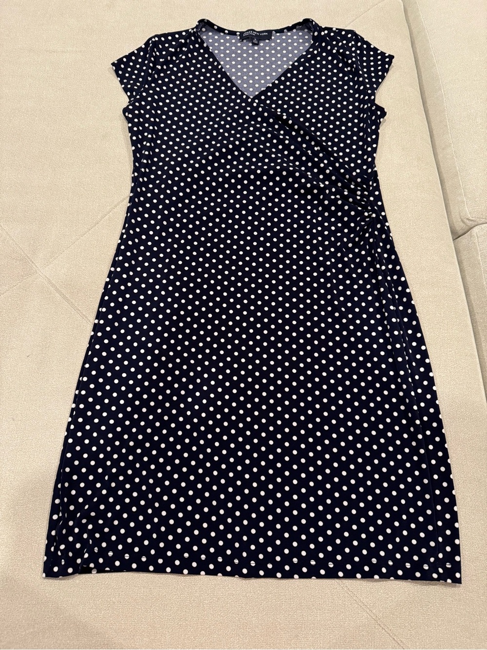 Jones New York Navy and White Polka Dot Wrap Dress